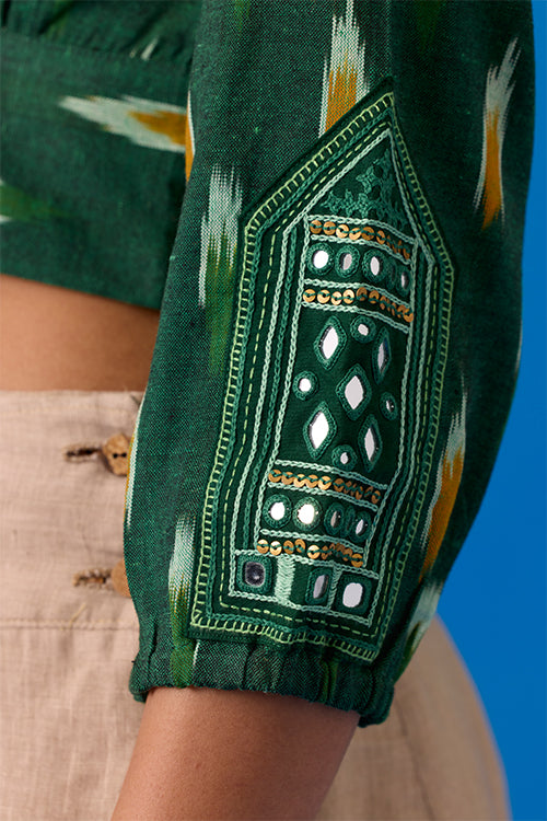 Okhai Verdine Hand-Embroidered Mirrorwork Pure Cotton Ikkat Green Top