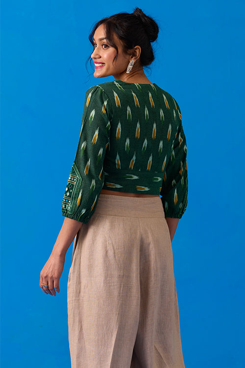 Okhai Verdine Hand-Embroidered Mirrorwork Pure Cotton Ikkat Green Top - Image 4