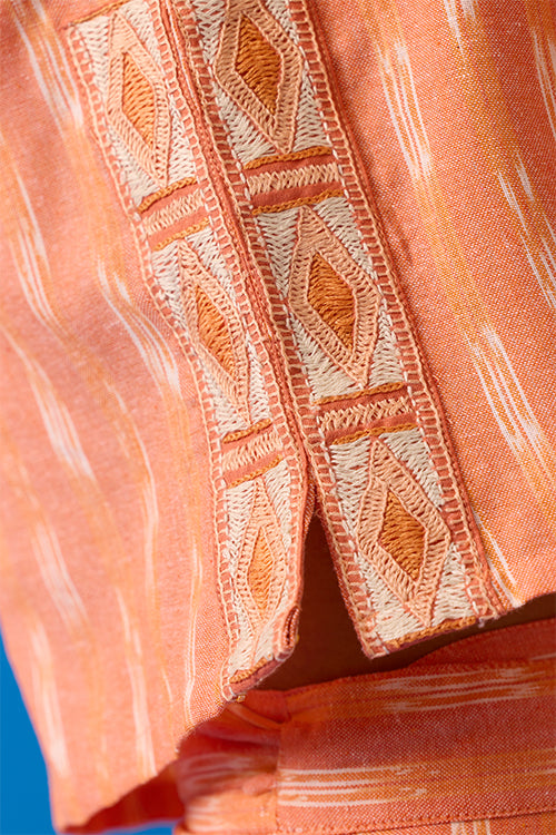 Okhai Apricot Hand-Embroidered Pure Cotton Ikkat Peach Top - Image 3