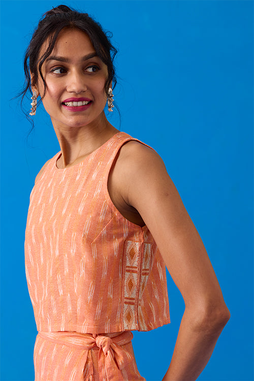 Okhai Apricot Hand-Embroidered Pure Cotton Ikkat Peach Top - Image 4