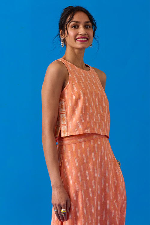 Okhai Apricot Hand-Embroidered Pure Cotton Ikkat Peach Top - Image 6