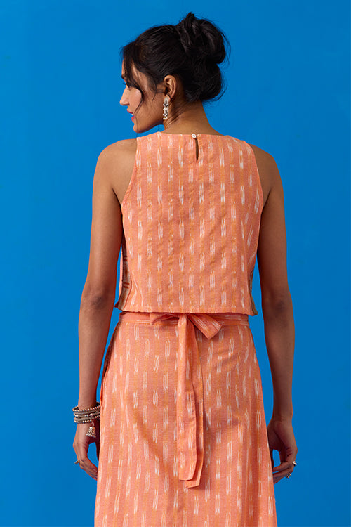 Okhai Apricot Hand-Embroidered Pure Cotton Ikkat Peach Top - Image 7