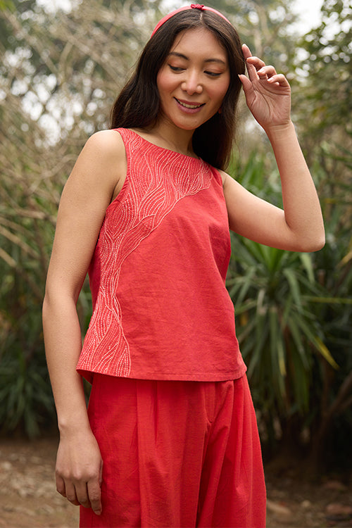 Okhai Twilight Hand-Embroidered Pure Cotton Sleeveless Top - Image 4