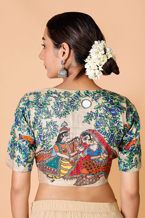 Gubbaro Handpainted Madhubani 'Radha Krishna Raasleela' Tussar Silk Blouse - Image 6