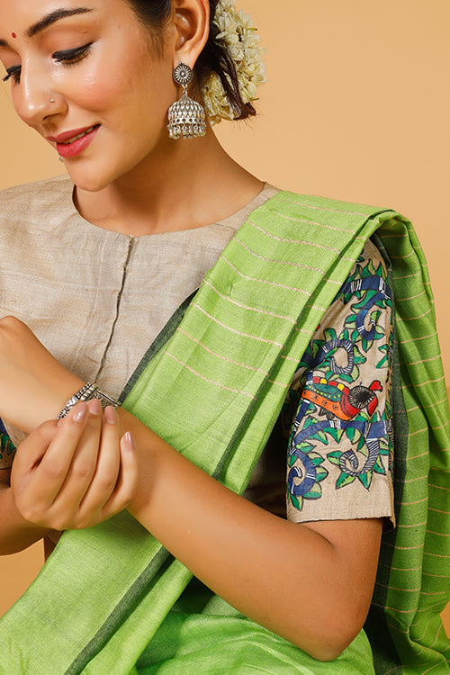 Gubbaro Handpainted Madhubani 'Radha Krishna Raasleela' Tussar Silk Blouse - Image 4