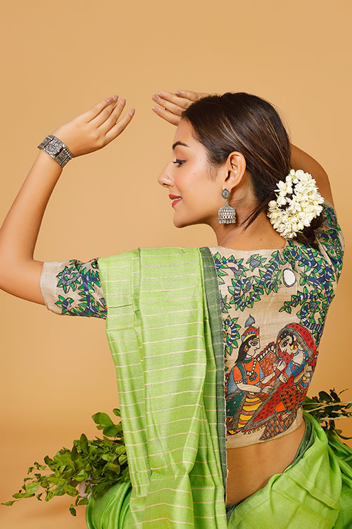 Gubbaro Handpainted Madhubani 'Radha Krishna Raasleela' Tussar Silk Blouse - Image 2