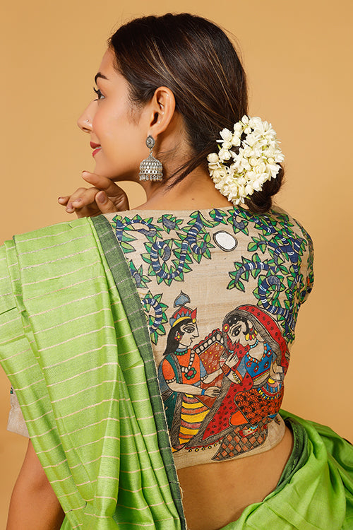 Gubbaro Handpainted Madhubani 'Radha Krishna Raasleela' Tussar Silk Blouse - Image 5