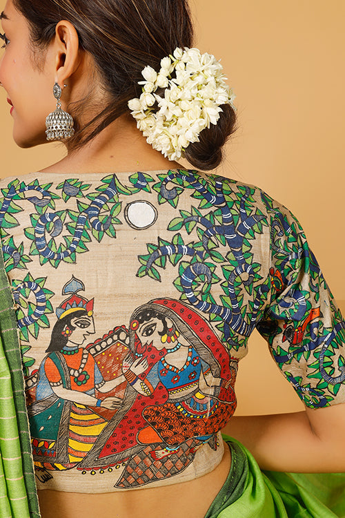 Gubbaro Handpainted Madhubani 'Radha Krishna Raasleela' Tussar Silk Blouse - Image 7