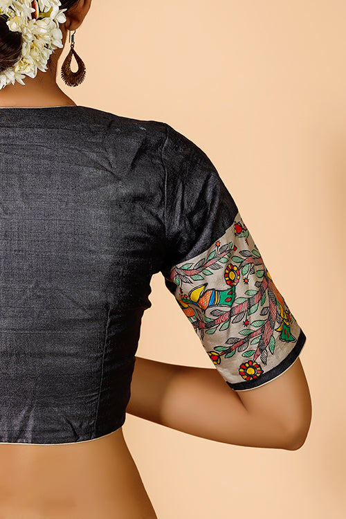 Gubbaro Handpainted Madhubani 'Morni' Tussar Silk Blouse - Image 2