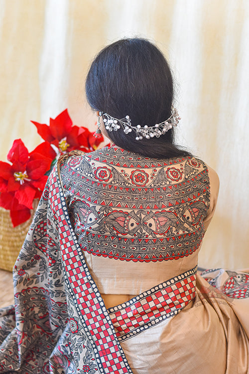 Madhubani Paints Handpainted Madhubani MATSYA UTSAV Tussar Silk Blouse - Image 5
