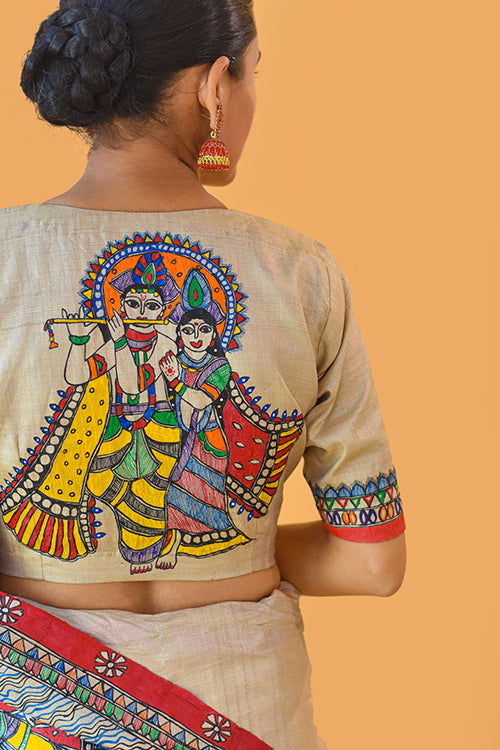 Madhubani Paints Handpainted Madhubani 'Vishnu Avatar' Tussar Silk Blouse - Image 3
