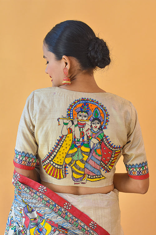 Madhubani Paints Handpainted Madhubani 'Vishnu Avatar' Tussar Silk Blouse - Image 4