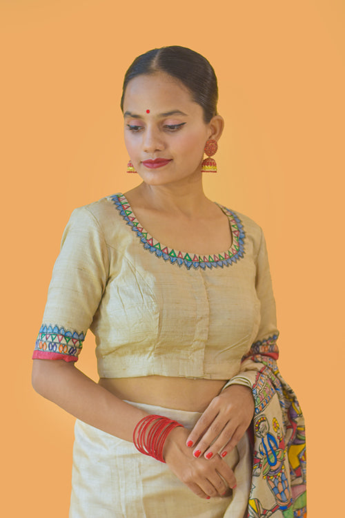 Madhubani Paints Handpainted Madhubani 'Vishnu Avatar' Tussar Silk Blouse - Image 5