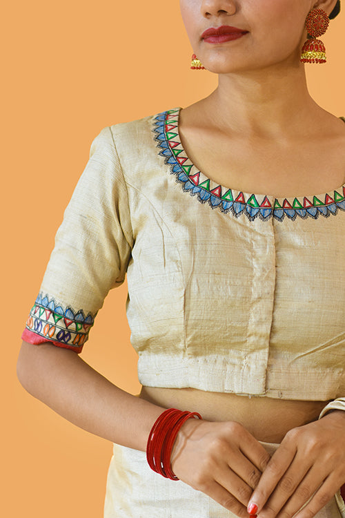 Madhubani Paints Handpainted Madhubani 'Vishnu Avatar' Tussar Silk Blouse - Image 6