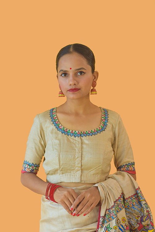 Madhubani Paints Handpainted Madhubani 'Vishnu Avatar' Tussar Silk Blouse - Image 7