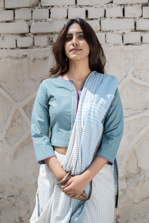 Rangsutra Cheenth Blue Blouse With Pucca Embroidered On Back - Image 2