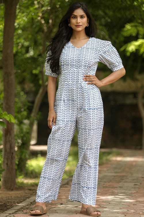 Sooti Syahi Blue Leaves Hand Block Printed Jumpsuit