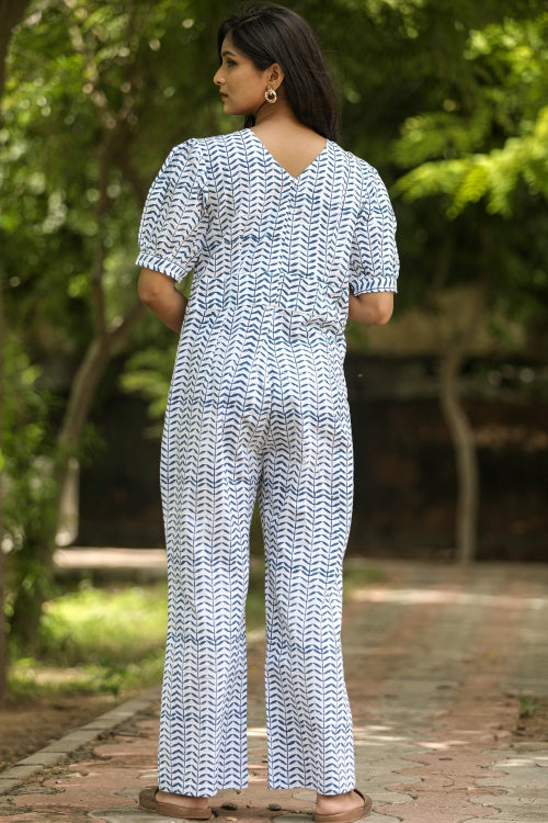 Sooti Syahi Blue Leaves Hand Block Printed Jumpsuit - Image 5