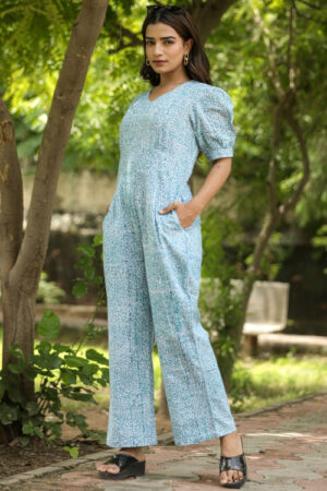 Sooti Syahi Blue Beetle Hand Block Printed  Jumpsuit