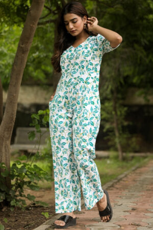 Sooti Syahi Hazel Leaves Hand Block Printed  Jumpsuit