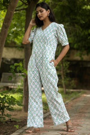 Sooti Syahi Rose Leaves Hand Block Printed  Jumpsuit