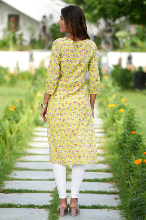 Sooti Syahi Fiery Green Haven Handblock Printed Cotton Kurti - Image 5