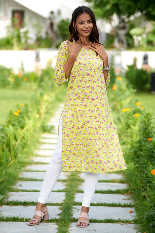 Sooti Syahi Fiery Green Haven Handblock Printed Cotton Kurti - Image 4
