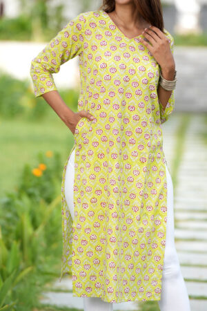 Fiery Green Haven Block Printed Cotton Kurti For Women Online