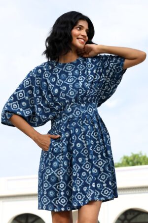 Okhai Agatha Handblock Printed Pure Cotton Indigo Dress